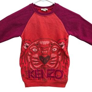 Kenzo Kids Tiger Face Sweatshirt Dress Red Purple Raglan Sleeve Crew Neck Size 3